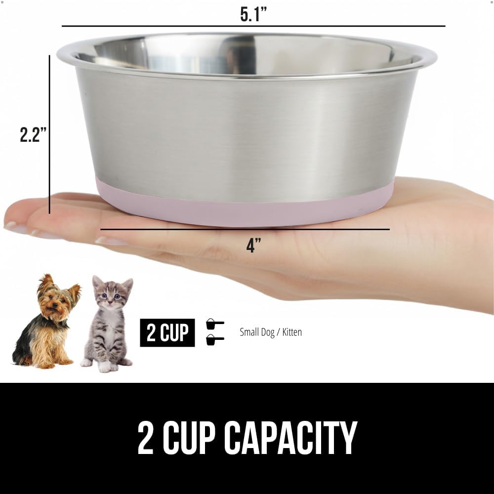 GORILLA GRIP Set of 2 Dog Bowls, Heavy Duty Metal Food and Water Bowl for Feeding Dogs and Cats, Dishwasher Safe, Rust Resistant Stainless Steel, BPA Free Rubber Base, Holds 2 Cups (16 fl oz), Lt Pink