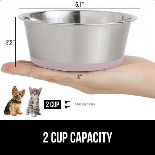 GORILLA GRIP Set of 2 Dog Bowls, Heavy Duty Metal Food and Water Bowl for Feeding Dogs and Cats, Dishwasher Safe, Rust Resistant Stainless Steel, BPA Free Rubber Base, Holds 2 Cups (16 fl oz), Lt Pink