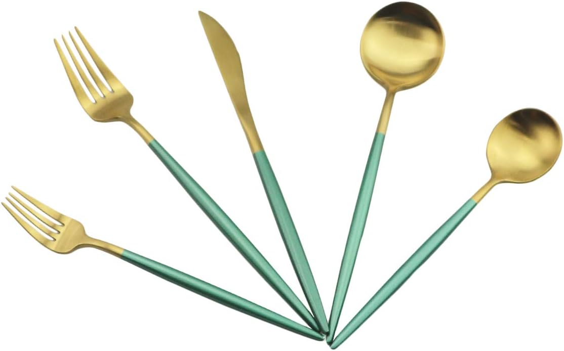 JASHII Silverware Sets, 20-Piece Green Flatware 18/10 Stainless Steel Heavy Weight Forged Cutlery Eating Utensils Forks Spoons Knives Set Tableware Service for 4 Matte Finished (Green & Gold)