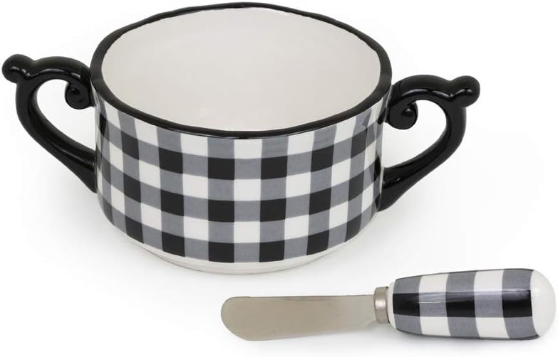 Boston International Ceramic Bowl and Stainless Steel Spreader, 4.75 x 2.75-Inches, Black & White Check