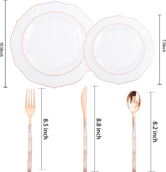 Liacere 150PCS Rose Gold Plastic Plates - Clear Rose Gold Disposable Plates with Glitter Bamboo Handle Cutlery - 60 Baroque Elegant Plates, 30 Forks, 30 Spoons, 30 Knives for Thanksging day&Chrismas