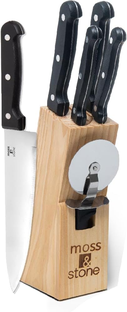 Moss & Stone 7-Piece Kitchen Knife Set with Block – Stainless Steel Serrated Kitchen Knives, High Carbon Blades, Small Cutlery Set for Home Cooking, Compact Countertop Small Knife Set Wood Block