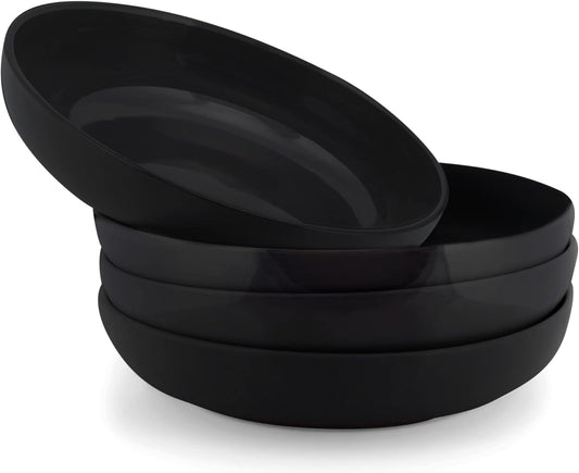 Elanze Designs Bistro Glossy Ceramic 8.5 inch Shallow Pasta Dinner Bowls Set of 4 - Perfect for Everyday uses from Italian Style Pasta to Caesar Salad, and Ramen to Pho, Black