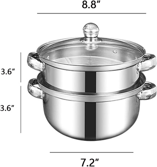 Steamer Pot for Cooking 3.0-Quart Steam Pot with Lid 2-tier Multipurpose Stainless Steel Steaming Cookware with Handle for Vegetable, Soups, Stews and Pasta
