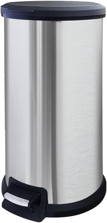 10 Gallon Stainless Steel Trash Can – Round Tall Design, Hands-Free Pedal, Liner-Free with Inner Ring Bag Holder，Rust-Proof for Kitchen, Office, or Bathroom