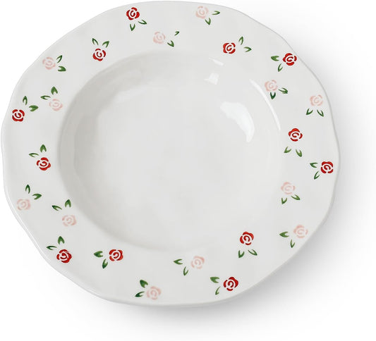 Koythin Ceramic Straw Hat Ramen Bowl Set, Pasta Bowls, Salad Serving Bowl for Noodle, Dinner, Salad, Microwave Dishwasher Safe (Red Rose Small Fragmented Flowers)