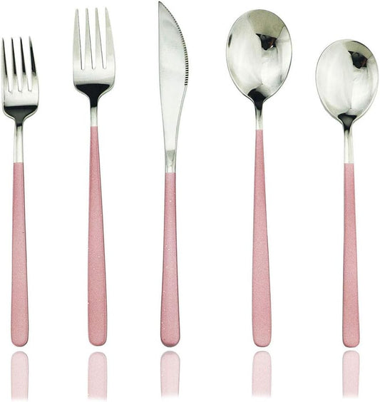 JASHII 20-Piece SUS304 Stainless Steel Flatware Set, Mirror Polishing Dinnerware Set Service for 4, Knife/Fork/Spoon/Dessert Spoon/Dessert Fork (Pink silver)