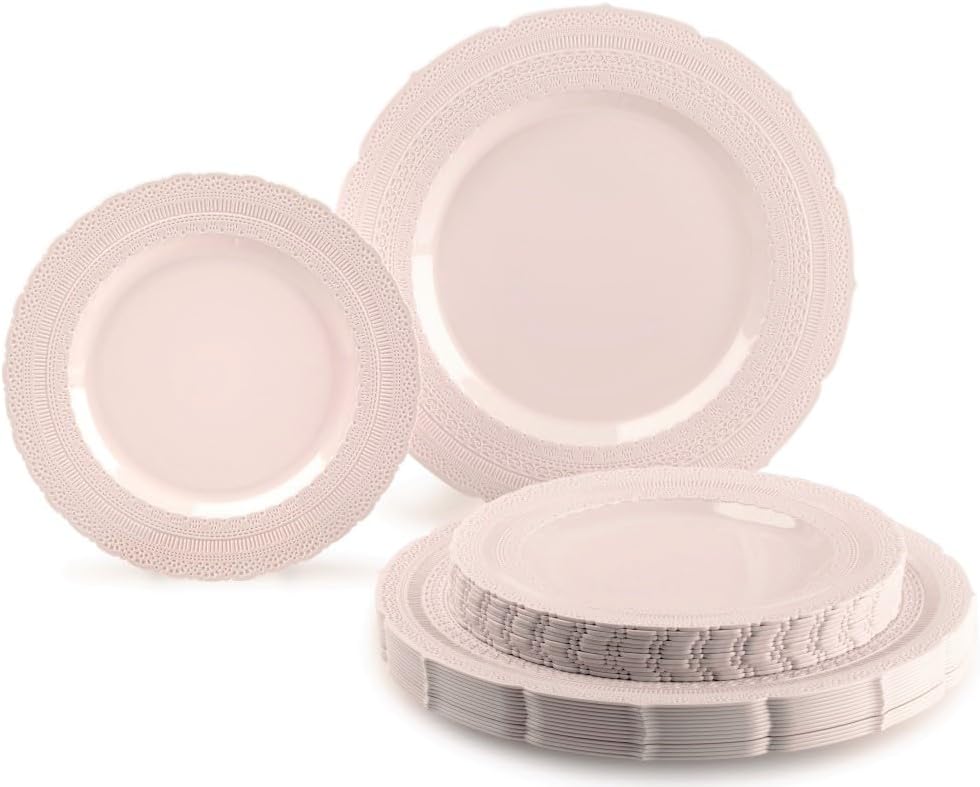 " OCCASIONS " 50 Plates Pack (25 Guests)-Extra Heavyweight Vintage Wedding Disposable/Reusable Plastic Plates -25 x 11'' Dinner + 25 x 8.25'' Salad/dessert (Chateau Blush Pink)