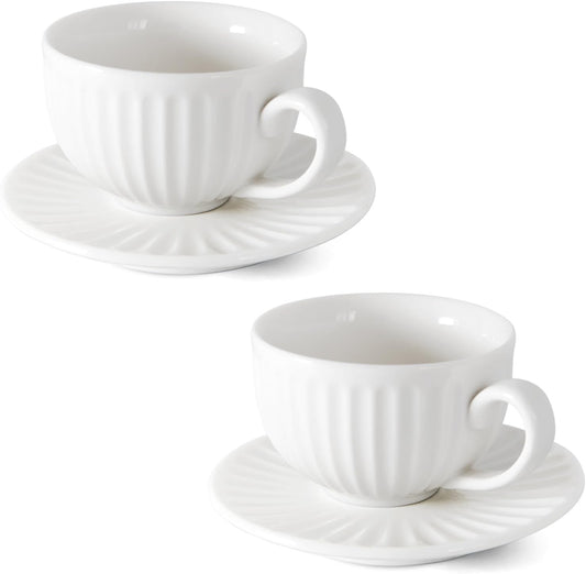 4 oz White Espresso Cups Set of 2, Ceramic Cappuccino Cups with Saucers, Durable Porcelain Tea Set & Modern Coffee Cup Collection, Coffee Lover Gifts