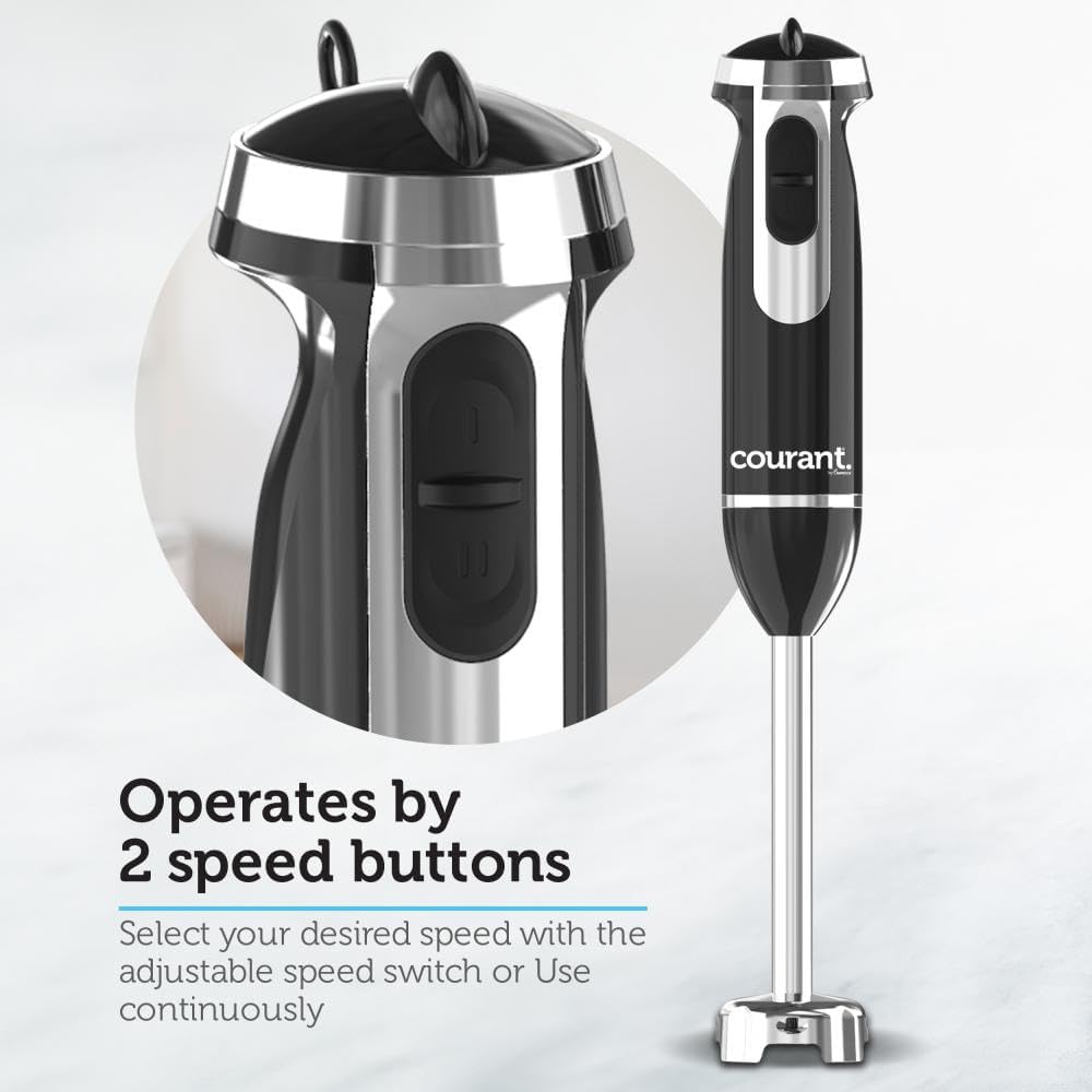 Courant Immersion Hand Blender with Stainless Steel Shaft, Variable Speed Control, Whisk Attachment, and 20 oz Measuring Cup