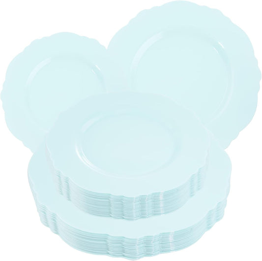 WDF 60pcs Mint Green Plastic Plates - Baroque Dinner Plates Including 30 Green Plates Disposable10.25inch, 30 Dessert Plates 7.5inch for Upscale Wedding, Parties