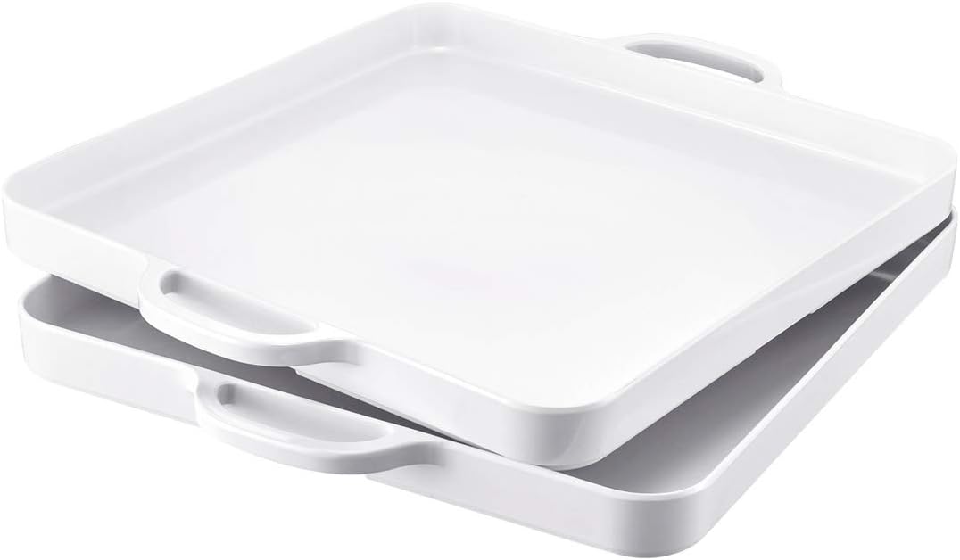 Square Serving Trays with Handles Melamine White 12.5x12.5 Inch Spill Proof Kitchen Eating Trays Set of 2 for Cafeteria Cafe Food Appeizer Dessert Snack Dinner Lunch Breakfast,TR14-02