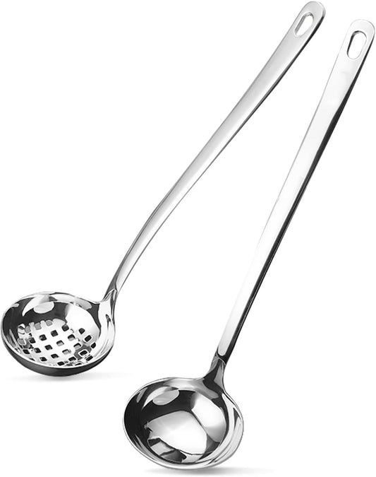 Metal Soup Ladle,18/8 Stainless Steel Ladle Spoon And Strainer Scoop Set Of 2 With Holes,Cooking Utensil For Kitchen