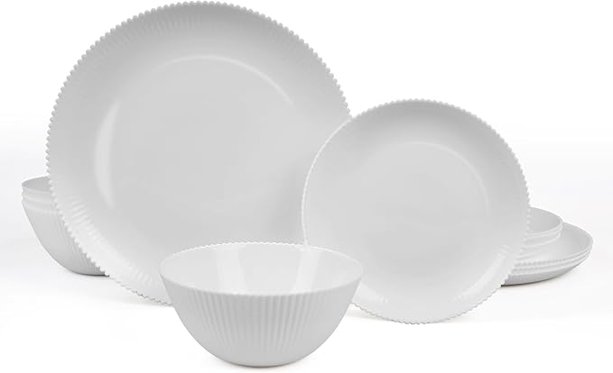 Dinnerware Sets for 4, 12 Pieces Opal Glass Plates and Bowls Set, Dishwasher and Microwave Safe Ribbed Dish Dinning Ware, Chip and Scratch Resistant Dishware, White
