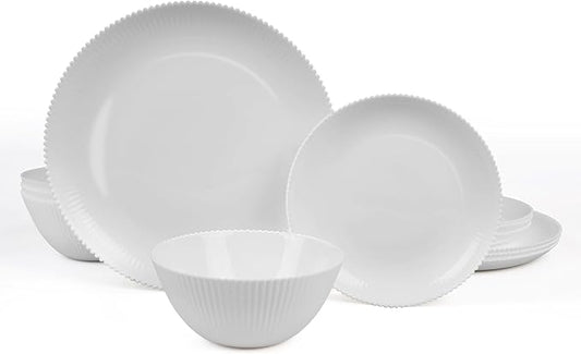 Dinnerware Sets for 4, 12 Pieces Opal Glass Plates and Bowls Set, Dishwasher and Microwave Safe Ribbed Dish Dinning Ware, Chip and Scratch Resistant Dishware, White