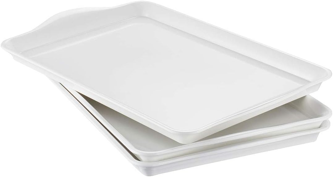 i BKGOO White Melamine Tray,Set of 3 Large Rectangular Serving Platters,Sturdy Foodserving Tray with Ear Size 15 x9.5x1 inch
