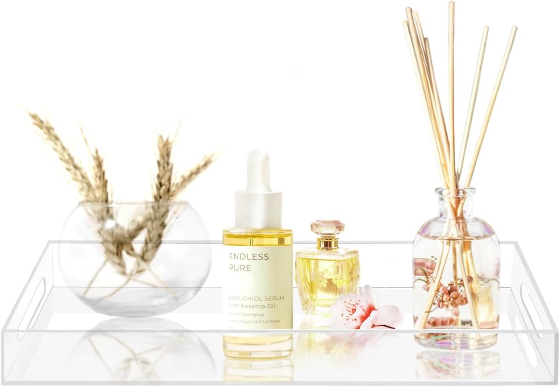 SetGame Acrylic Serving Tray with Handles, Bathroom Desktop Decorative Storage Arylic Trays, Simple Vanity Tray Food Tea Fruit Dinner Snack Tray for Bar Kitchen Party