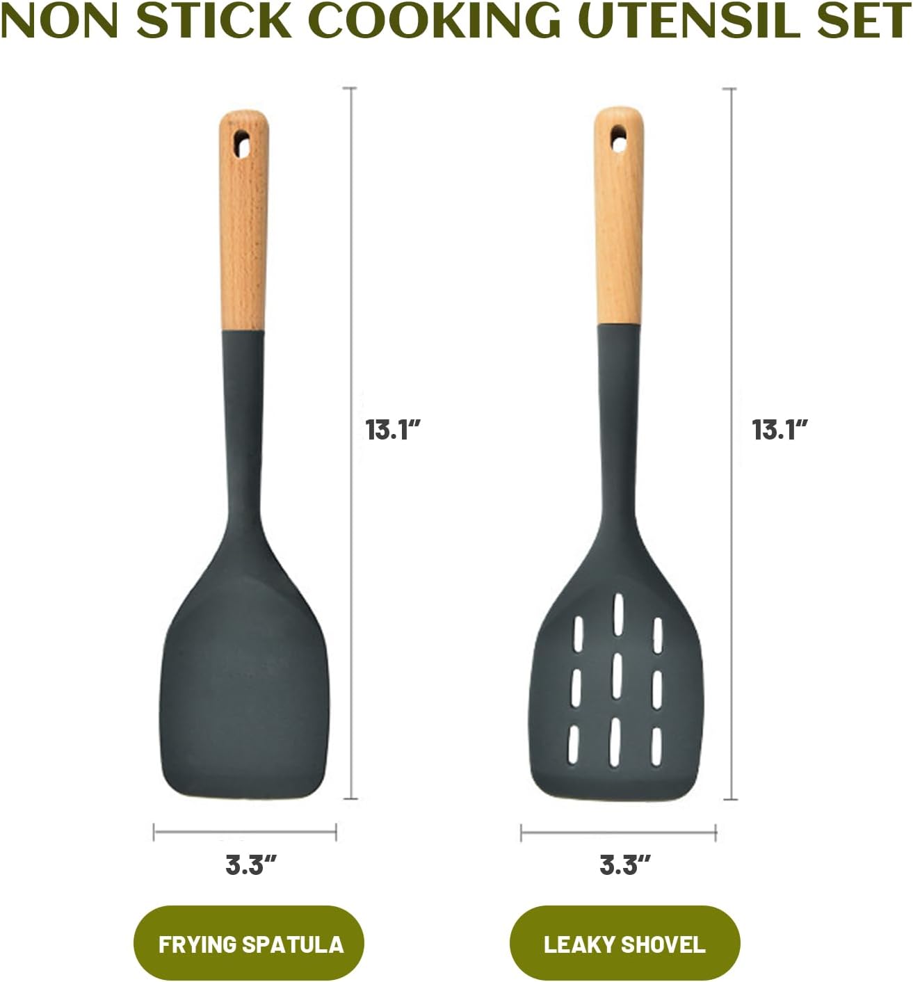 Pack of 2 Silicone Spatula, Non Stick Cooking Utensil Set Wooden Handle Kitchen Turner for Baking Mixing Grilling Serving Food Heat Resistant Non Scratch (Dark gray)