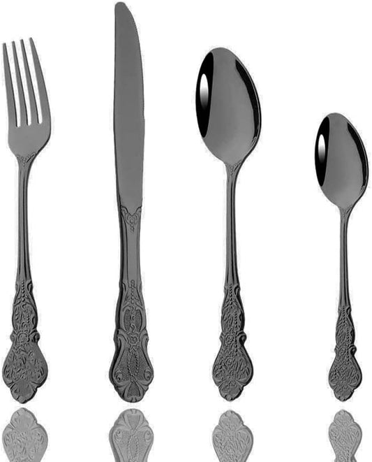 JASHII 4-Piece Black Cutlery Set Silverware Set, Mirror Polished, Stainless Steel Flatware Cutlery Eating Utensils Service for 1, Unique Elegant Pattern, Dishwasher Safe (Black)