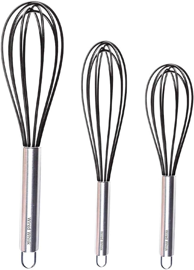 Silicone Whisk Set of 3 - Stainless Steel & Silicone Non-Stick Coating – wisking tool, Whisking, mini whisk, whisks for cooking (12-inch, 10-inch & 8.5-inch), egg whisk