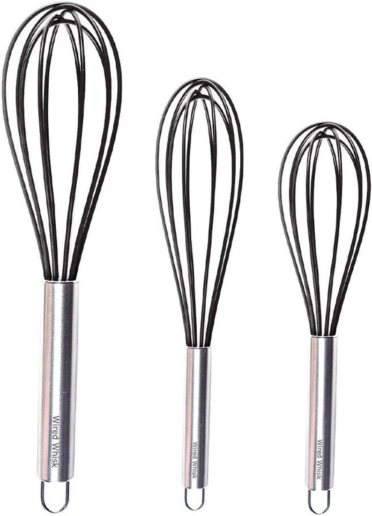 Silicone Whisk Set of 3 - Stainless Steel & Silicone Non-Stick Coating – wisking tool, Whisking, mini whisk, whisks for cooking (12-inch, 10-inch & 8.5-inch), egg whisk
