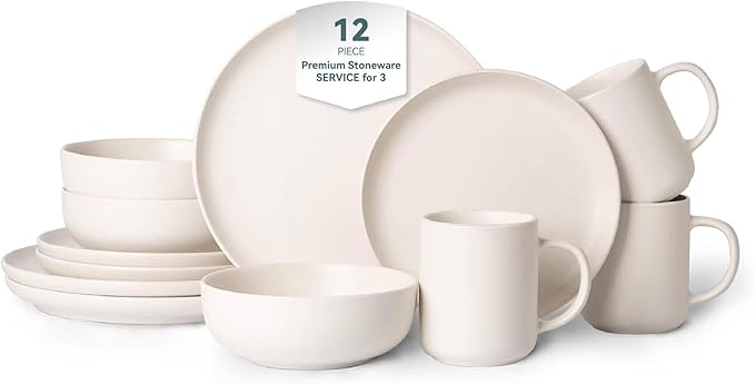 12-Piece Matte White Dinnerware Set,Stoneware Dinnerware for 3, Microwave & Dishwasher Safe, Stackable Design for Kitchen and Dining - Plates,Bowls and Mugs