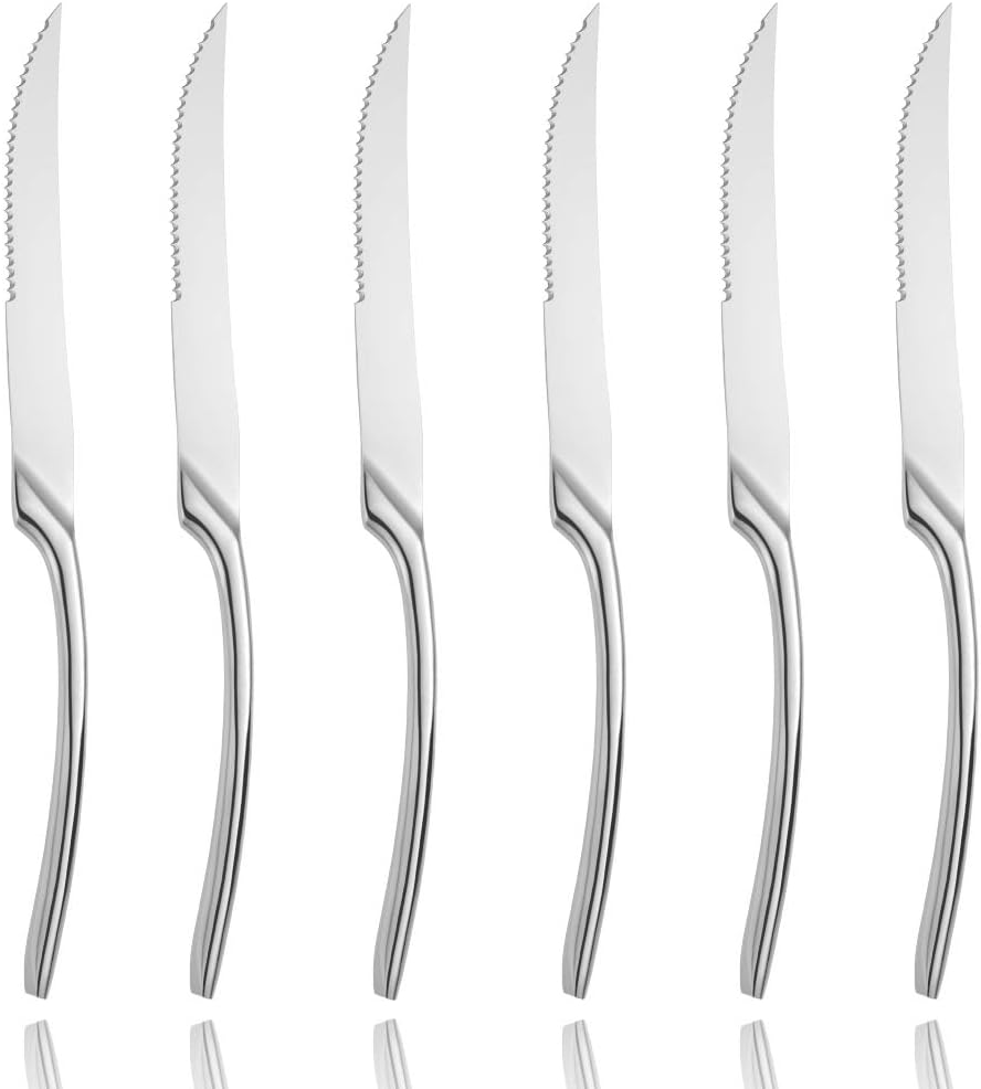 Lemeya Stainless Steel Steak Knives Set of 6,Forge Steak Knife,Serrated Steak Knives Set,6 Piece Heavy Steak Knives-10 inch,Mirror Polished,Dishwasher Safe