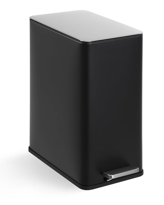 4 Gallon Stainless Steel Trash Can with Soft Close Lid, Step-on Bathroom & Kitchen Garbage Bin, Compact Slim Design with Removable Inner Bucket for Office, Living Room
