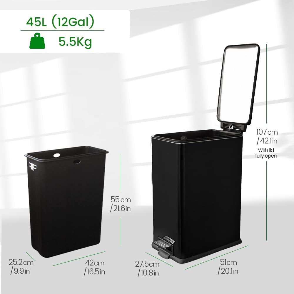 12 Gallon Slim Trash Can with Lid，45 Liter Kitchen Garbage Can,Black Stainless Steel Step Bin for Narrow Spaces with Soft-Close Lid, Inner Bucket, and Step-on Pedal