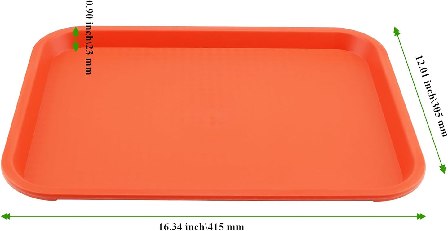 4 Pack 16 x 12 Inch Orange Fast Food Tray, Large Rectangular Restaurant Serving Trays, Plastic Cafeteria Trays School Lunch Trays