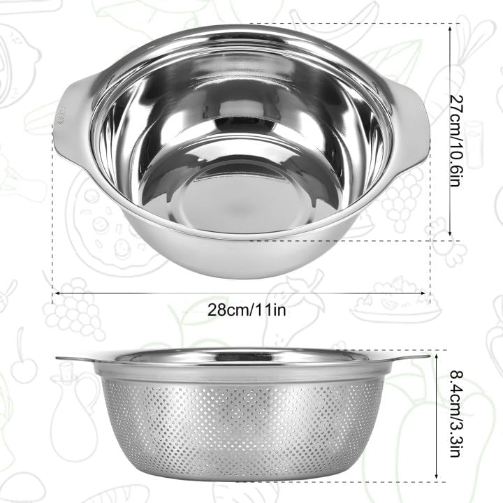 Stainless Steel Microporous Colander for Kitchen, 4.5QT Large Capacity, Colander and Bowl Set of Two, Stainless Steel Drain Basket with Mixing Bowl, for Washing Fruits and Vegetables