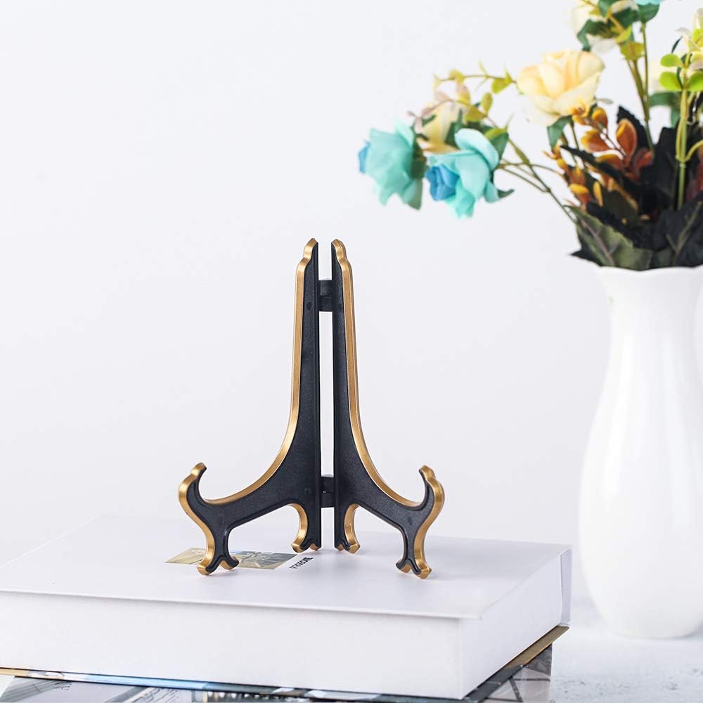 Artliving 6" Decorative Plate Stand Holder Plastic Picture Easel Display Stand Picture Frame Stand Black Gold