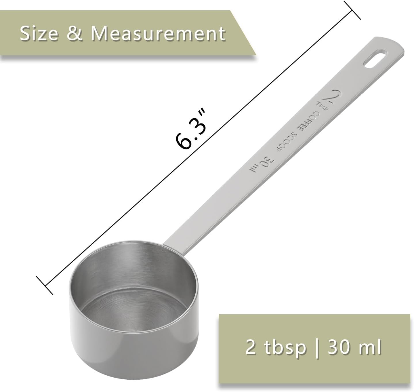 1PCS 2 Tablespoon Coffee Scoop, Long Handle Measuring Spoon, Two tbsp (30ml, 1/8cup) Stainless Steel Scooper