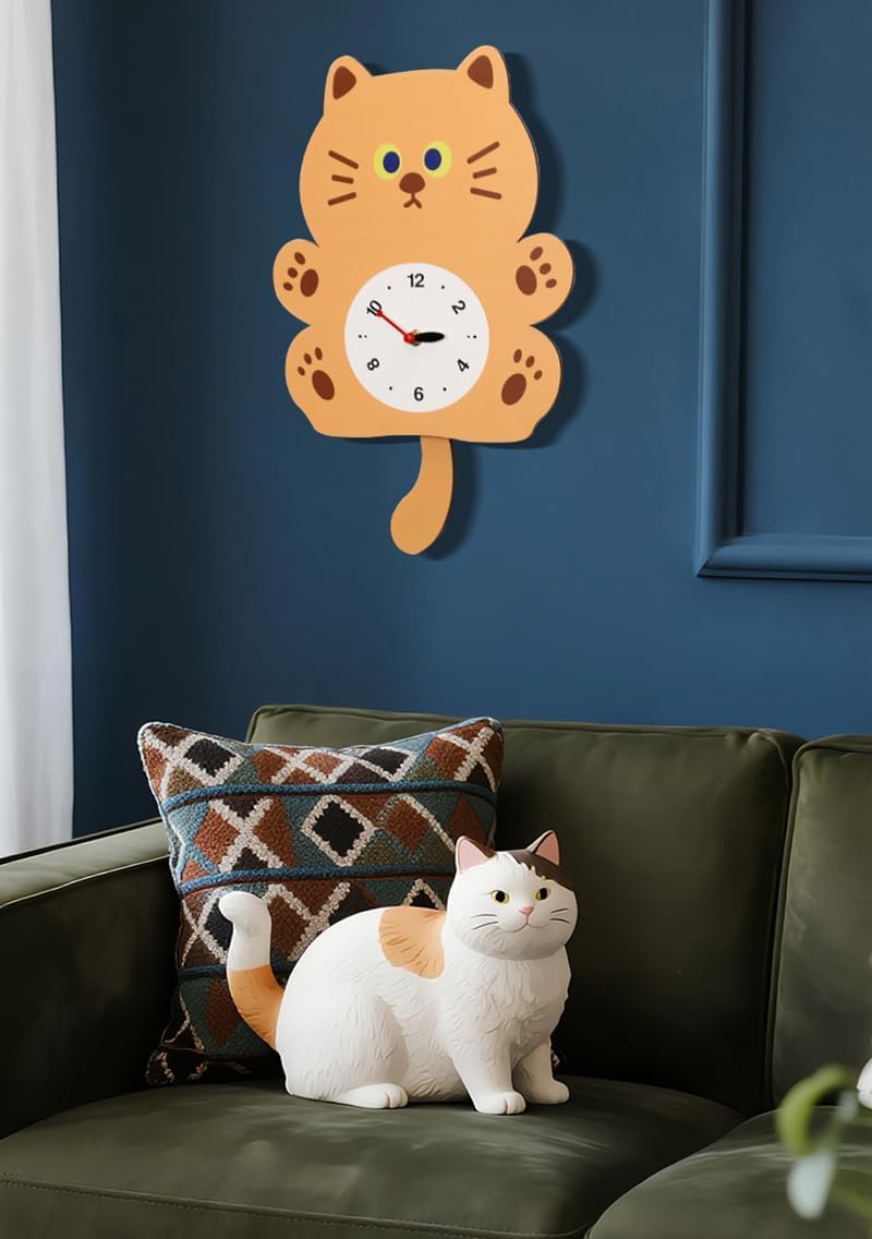Adorable Cat Swing Wall Clock with Wagging Tail - Silent Non-Ticking Pendulum Clock, Cute Cartoon Animal Design for Kids Room, Nursery, Home Decor, for Cat Lovers (YBZ001-Yellow)