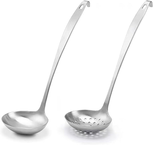 Cooking Ladles,Serving Scoop And Ladle Strainer Set Of 2 with Hook and Hole for Easy Hanging,Stainless Steel Soup Ladles Set for Kitchen