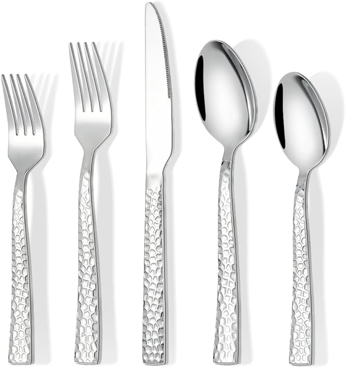 Silverware Set for 12, Amafox 60-Piece Stainless Steel Hammered Flatware Set, Kitchen Utensil Cutlery Set Include Knives Forks and Spoons, Mirror Finished Silverware Sets, Dishwasher Safe