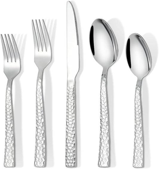 Silverware Set for 12, Amafox 60-Piece Stainless Steel Hammered Flatware Set, Kitchen Utensil Cutlery Set Include Knives Forks and Spoons, Mirror Finished Silverware Sets, Dishwasher Safe