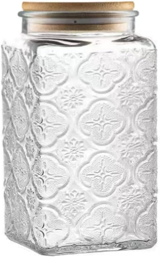 ANSQU Vintage Glass Storage Jar, 34 FL OZ Glass Food Storage Containers with Bamboo Wooden Lid, Airtight Cookie Jars for Kitchen Counter, Pantry, Cookie, Coffee, Tea, Sugar (Square Begonia)