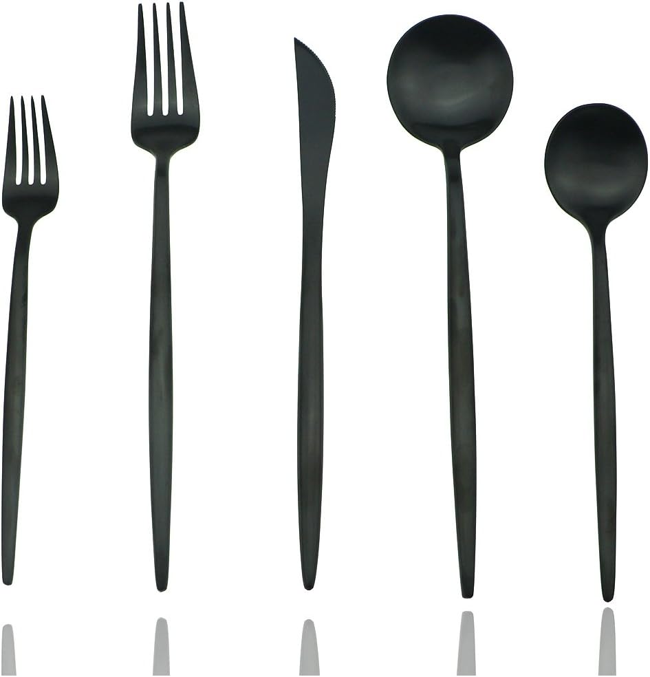 JASHII 18/10 Stainless Steel 5-Piece Matte Black Flatware Set,Dinner Knife Fork Salad Fork Dessert Spoon, Service for 1, Luxury Silverware Cutlery Utensil Sets