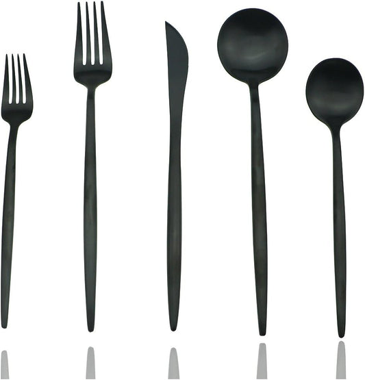 JASHII 18/10 Stainless Steel 5-Piece Matte Black Flatware Set,Dinner Knife Fork Salad Fork Dessert Spoon, Service for 1, Luxury Silverware Cutlery Utensil Sets