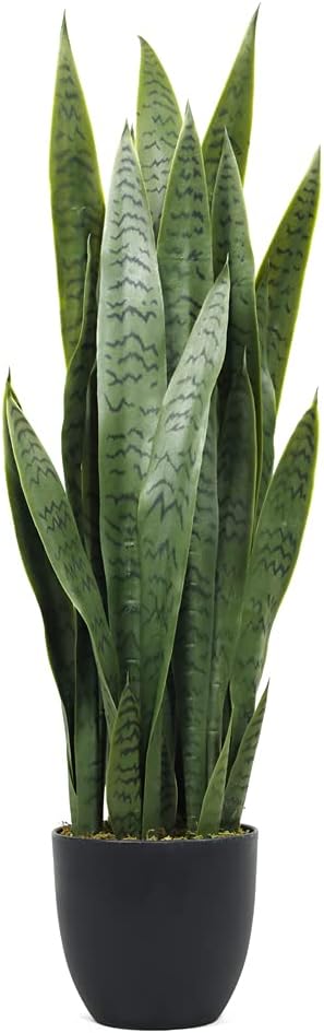 35" Lifelike Faux Snake Plant, Realistic Artificial Plants with 28 Thick PEVA Leaves, Indoor/Outdoor UV-Proof Greenery Decor, Patio, Office & Home Decor, Includes Black Pot & Preserved Moss