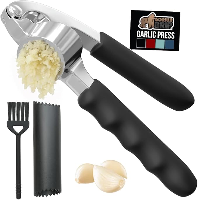 GORILLA GRIP Garlic Press and Peel Set, Heavy Duty Mincer Tool, Easily Mince and Crush Garlics, Ginger, Nuts, Seeds, Large Ergonomic Handle, Peeler Included for Peeling Cloves, Kitchen Gadgets, Black