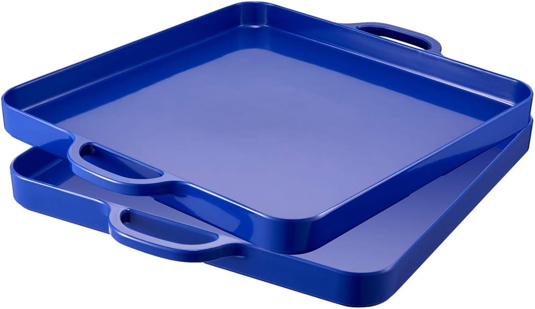 Square Serving Trays with Handles Melamine Dark Blue 12.5x12.5 Inch Spill Proof Kitchen Eating Trays Set of 2 for Cafeteria Cafe Food Appeizer Dessert Snack Dinner Lunch Breakfast,TR15-02