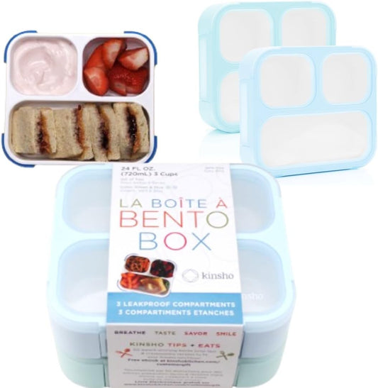 Medium Bento Box for Kids, Lunch-Box Snack Container for Boys Girls Toddler Baby Daycare Pre-School, Leakproof 3 Divider Containers for Lunches Snacks (Pastel Blue +Teal 2 pack)