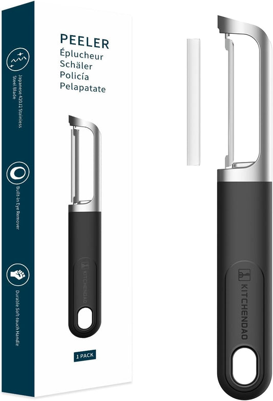 KITCHENDAO Swivel Vegetable Potato Peeler for Kitchen -Durable Japanese 420J2 Stainless Steel Sharp Dual Blade- Built-in Eye Remover, Ergonomic Soft-Touch Handle - Dishwasher Safe-Black