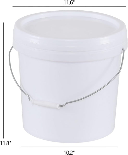 4 Gallon Plastic Food Storage Bucket with Metal Handle, Food Grade Round Pail with Lid, White, 4 Packs
