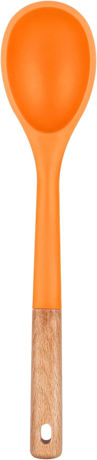 Large Silicone Cooking Spoons, Nonstick Solid Wooden Handle Spoon, Heat Resistan Silicone Kitchen Spoons for Cooking, Serving, Basting, Mixing, 13.2inch (ORANGE)