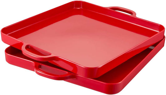 Square Serving Trays with Handles Melamine Red 12.5x12.5 Inch Spill Proof Kitchen Eating Trays Set of 2 for Cafeteria Cafe Food Appeizer Dessert Snack Dinner Lunch Breakfast,TR17-02