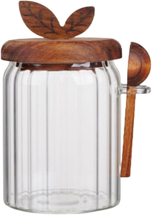 ANSQU Glass Jar with Wooden Lid and Spoon, 20.3oz Food Storage Containers Coffee Jar Coffee Grounds Container, Glass Food Storage Canister