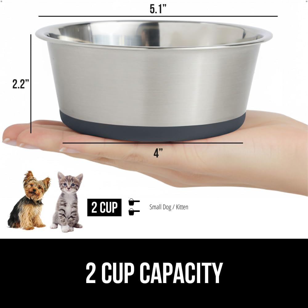 GORILLA GRIP Set of 2 Dog Bowls, Heavy Duty Metal Food and Water Bowl for Feeding Dogs and Cats, Dishwasher Safe, Rust Resistant Stainless Steel, BPA Free Rubber Base, Holds 2 Cups (16 fl oz), Gray